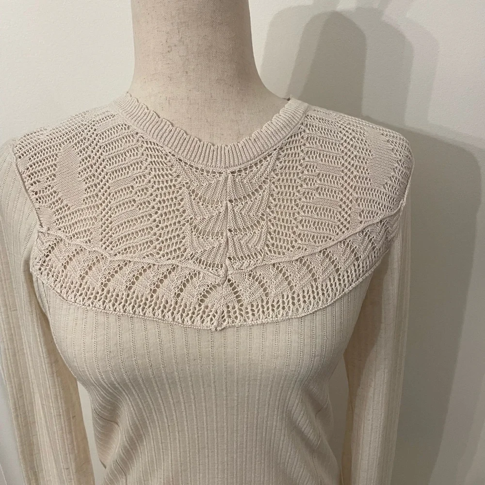 Free People REVOLVE Colette Scallop Neck Knit Trim Neutral Top